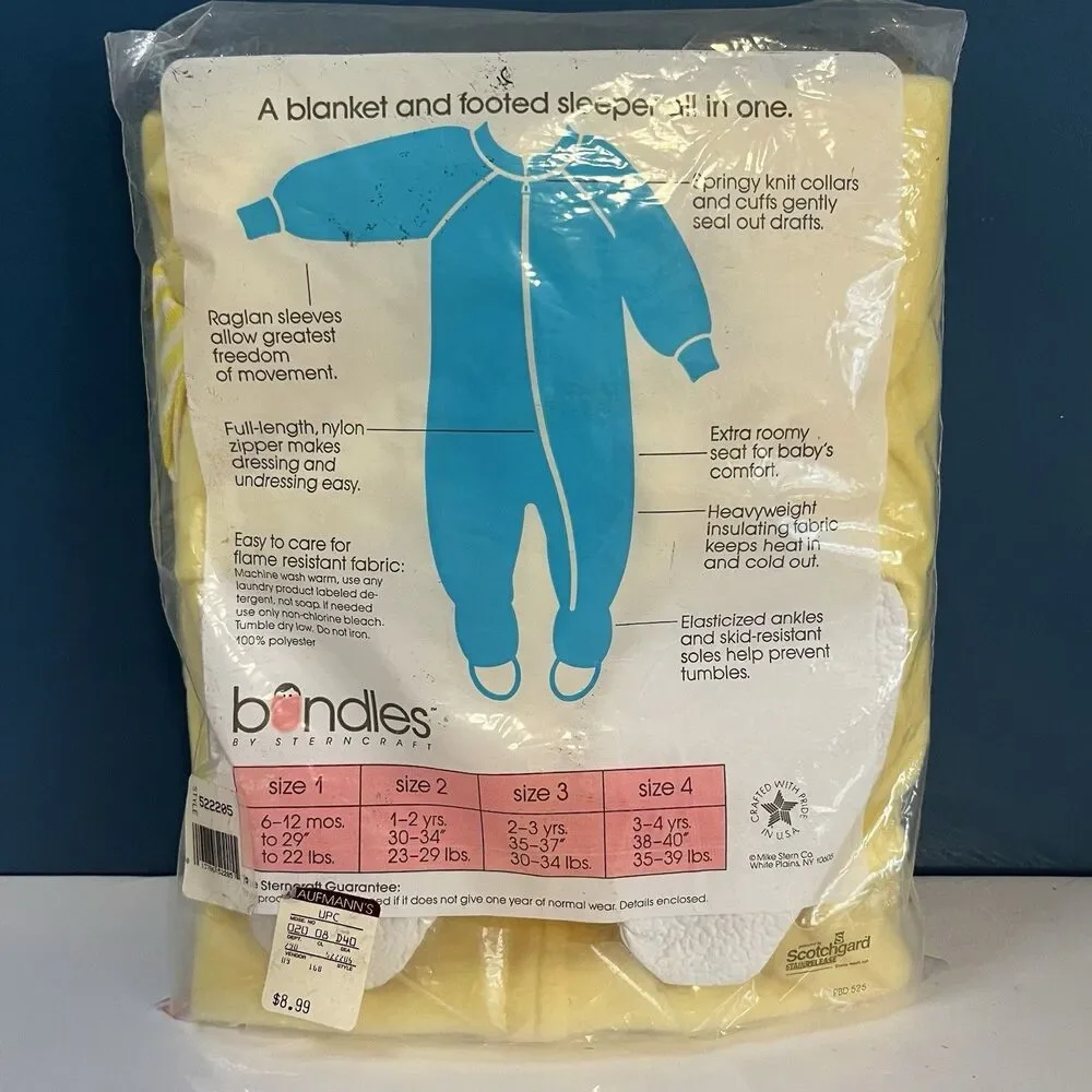Vintage Bundles Sleeper Footed PJ’s Size 4 Yellow Teddy Bear USA NEW 3-4yrs